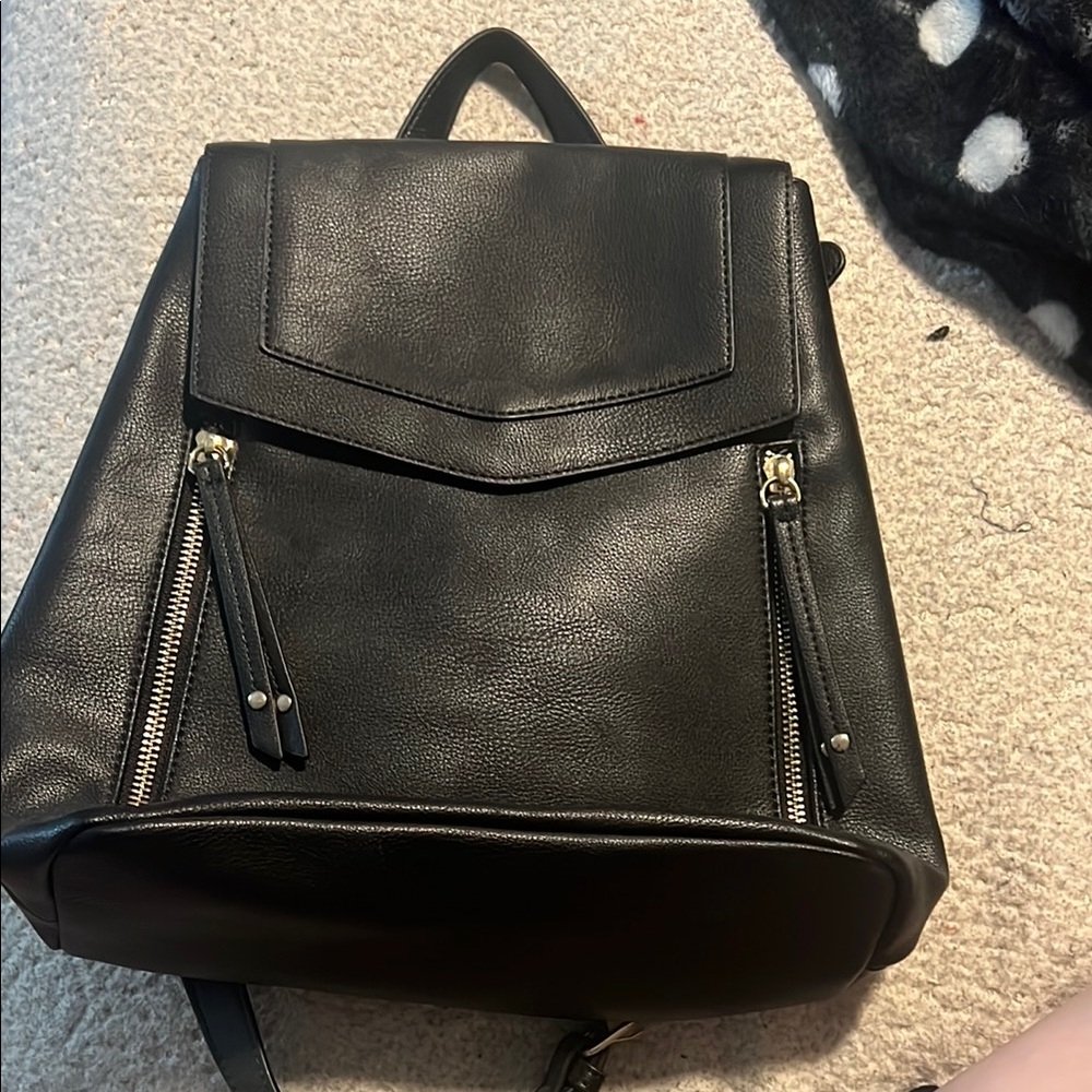 Black Leather Backpack with Zipper Details